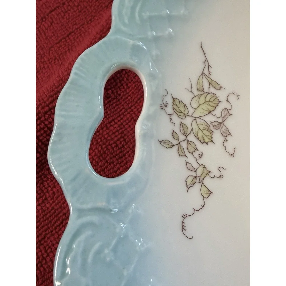 Antique Floral Cake Plate Aqua Blue Embossed Rim Pink Wild Roses 10